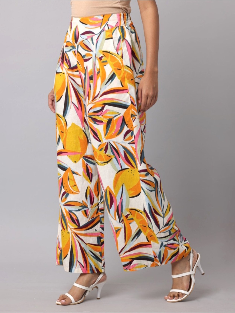 NWT C&C California Linen Tropical Fruit Print Cropped Wide Leg Pants Size M